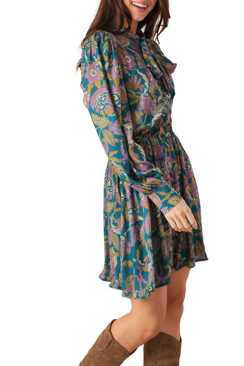 Tie Neck Long Sleeve Minidress, Alternate, color, TEAL