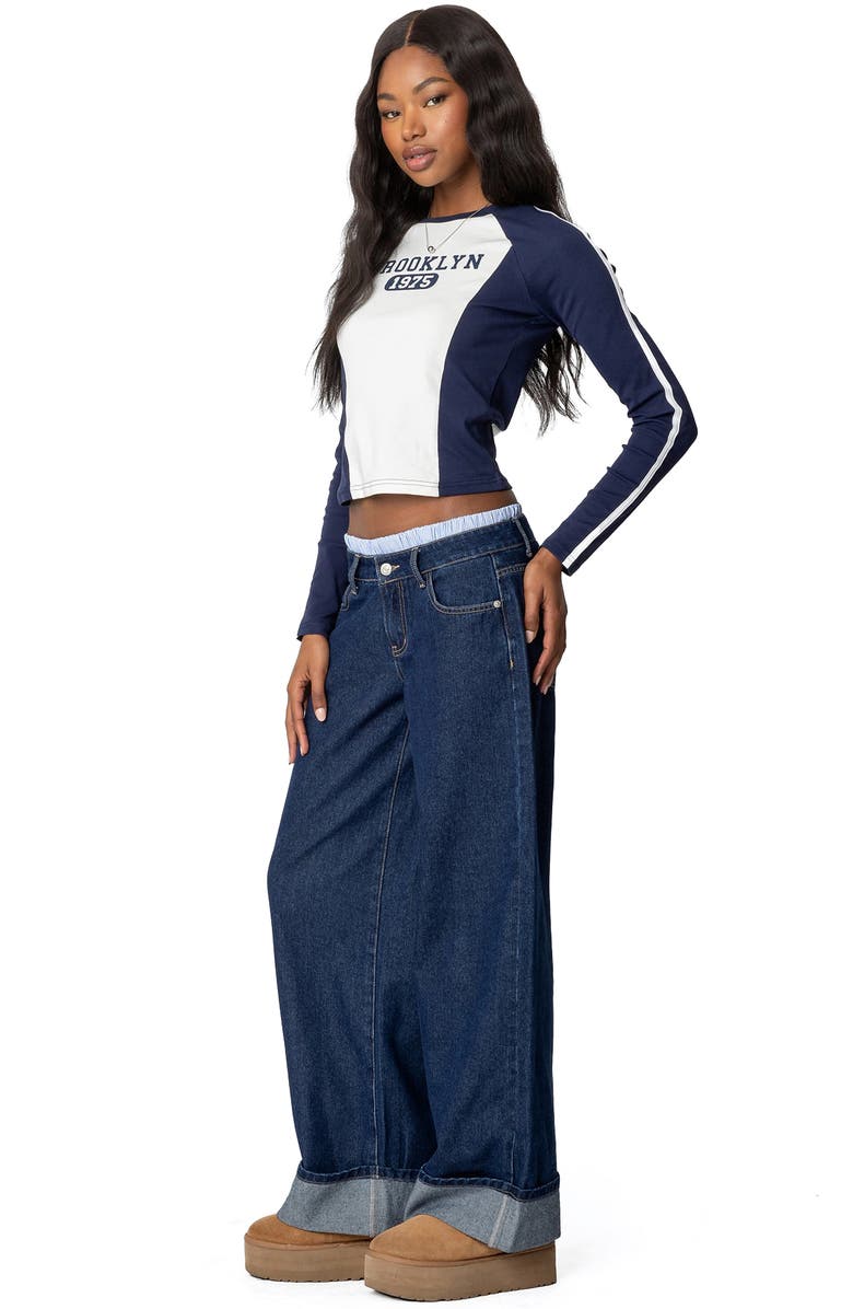 EDIKTED Boxer Detail Low Rise Cuffed Wide Leg Jeans, Alternate, color, Dark-Blue