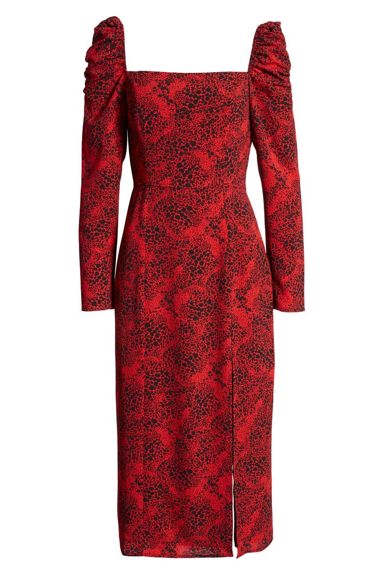 Spatter Print Square Neck Long Sleeve Midi Dress, Alternate, color, RED CHILI- BLACK DOT