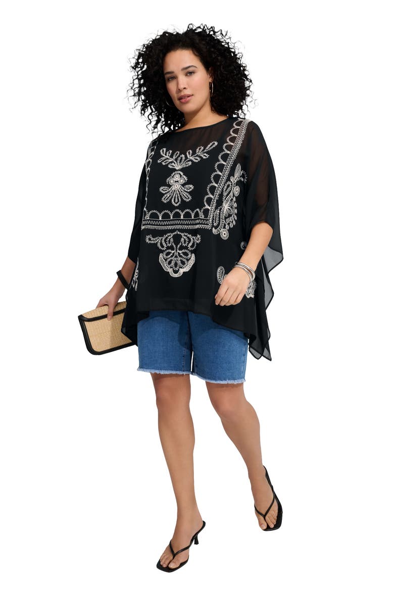 Plus Size Chiffon Boatneck Embroidered Soutache Poncho, Main, color, BLACK SOUTACHE