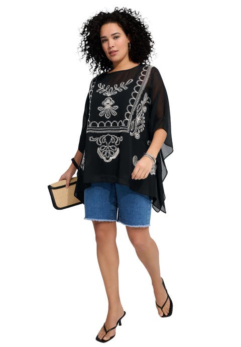 Plus Size Chiffon Boatneck Embroidered Soutache Poncho