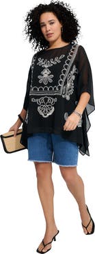 Roaman's Plus Size Chiffon Boatneck Embroidered Soutache Poncho