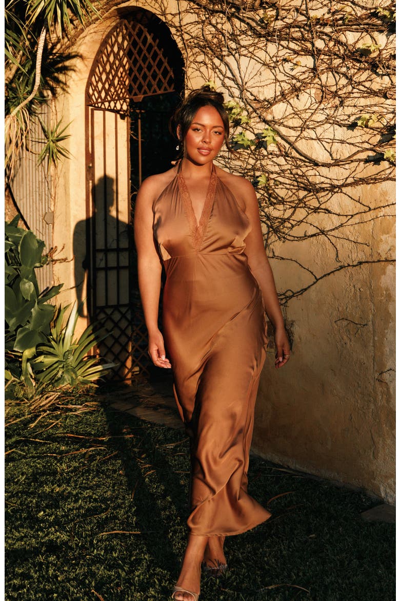 Kalina Lace Trim Halter Satin Maxi Dress, Alternate, color, BRONZE