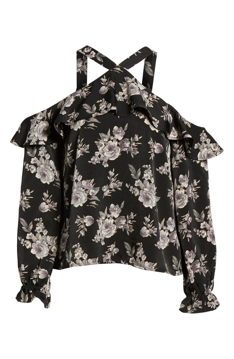J.O.A. Ruffle Floral Print Cold Shoulder Top, Alternate, color, 