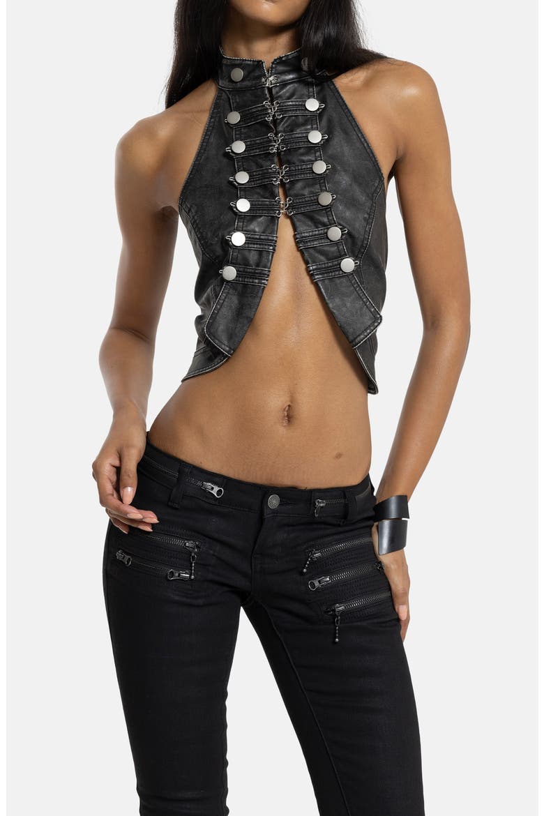 Military Halter Faux Leather Top, Alternate, color, BLACK