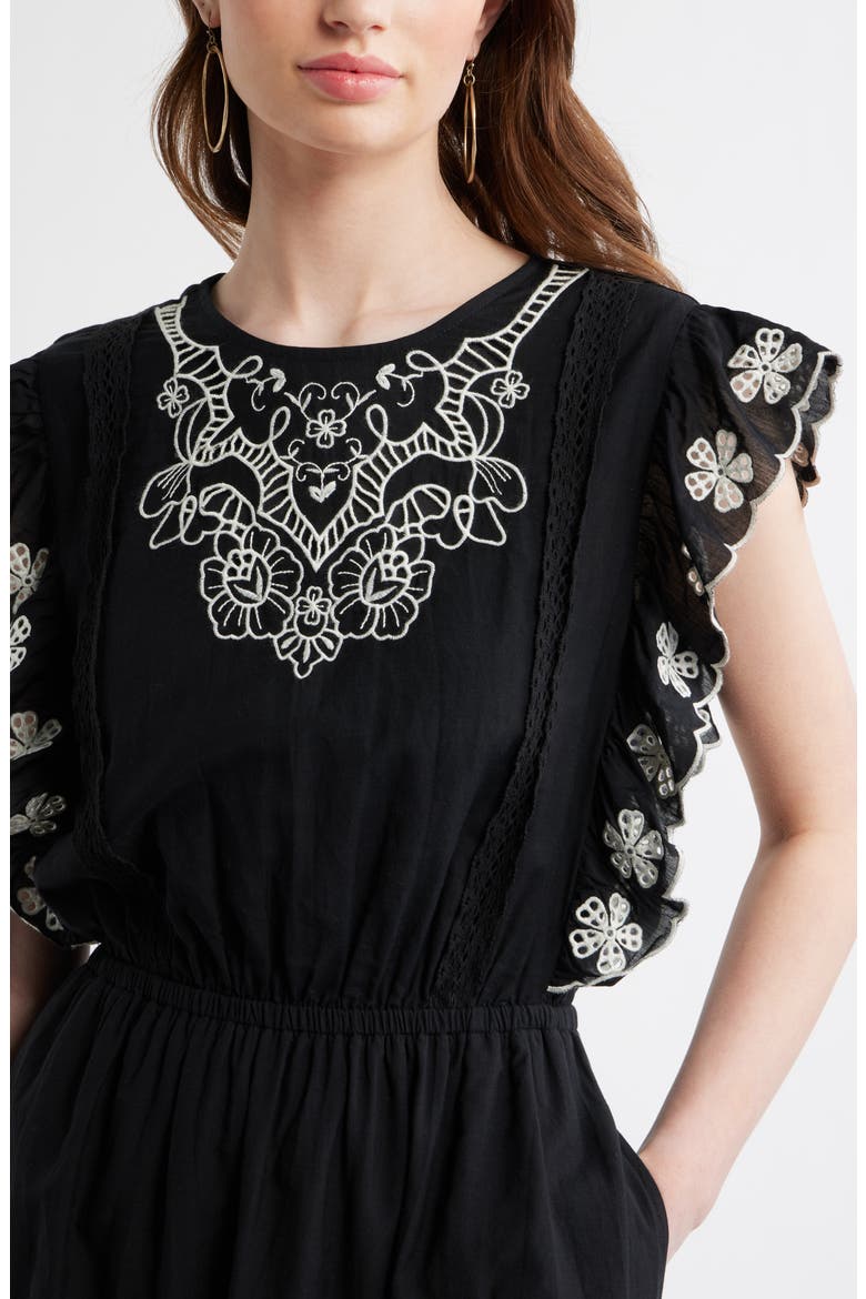 Floral Embroidered Flutter Sleeve Midi Dress, Alternate, color, BLACK