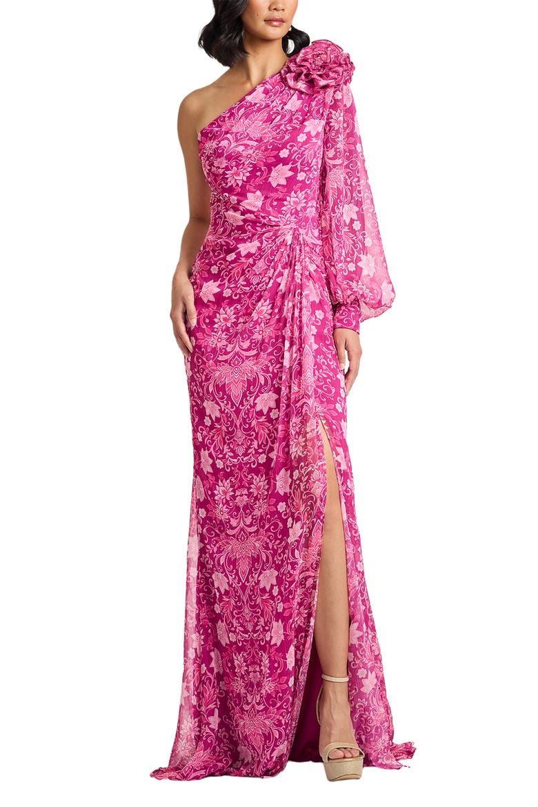 Print One-Shoulder Gown, Alternate, color, MAGENTA/ MULTI