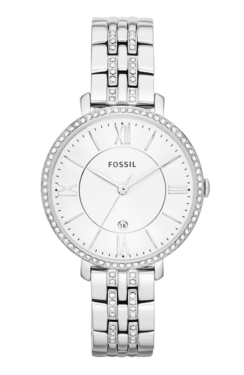 Fossil 'Jacqueline' Crystal Bezel Bracelet Watch, 36mm, Main, color, 