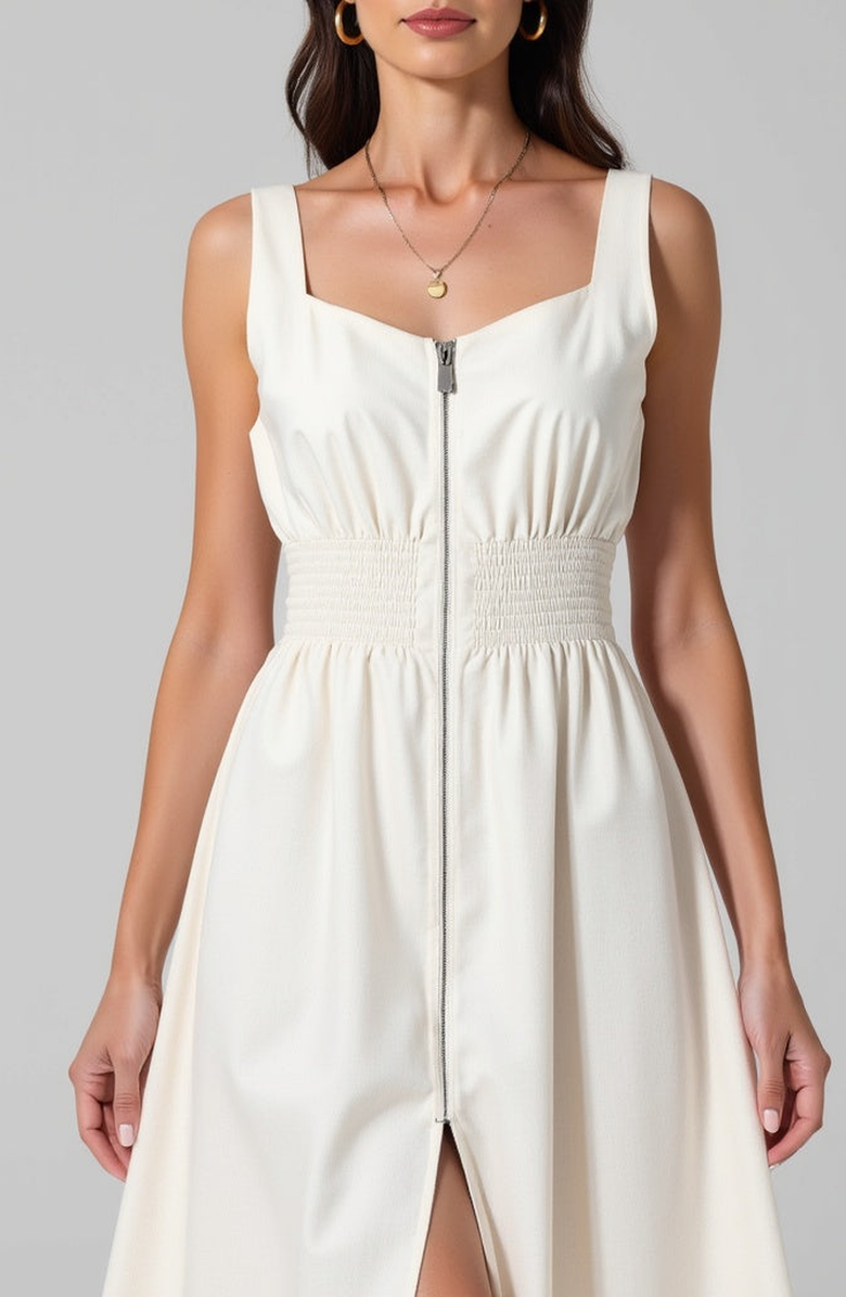 Modenaire Sleeveless Midi Dress with Smocked Waist, Alternate, color, Ivory