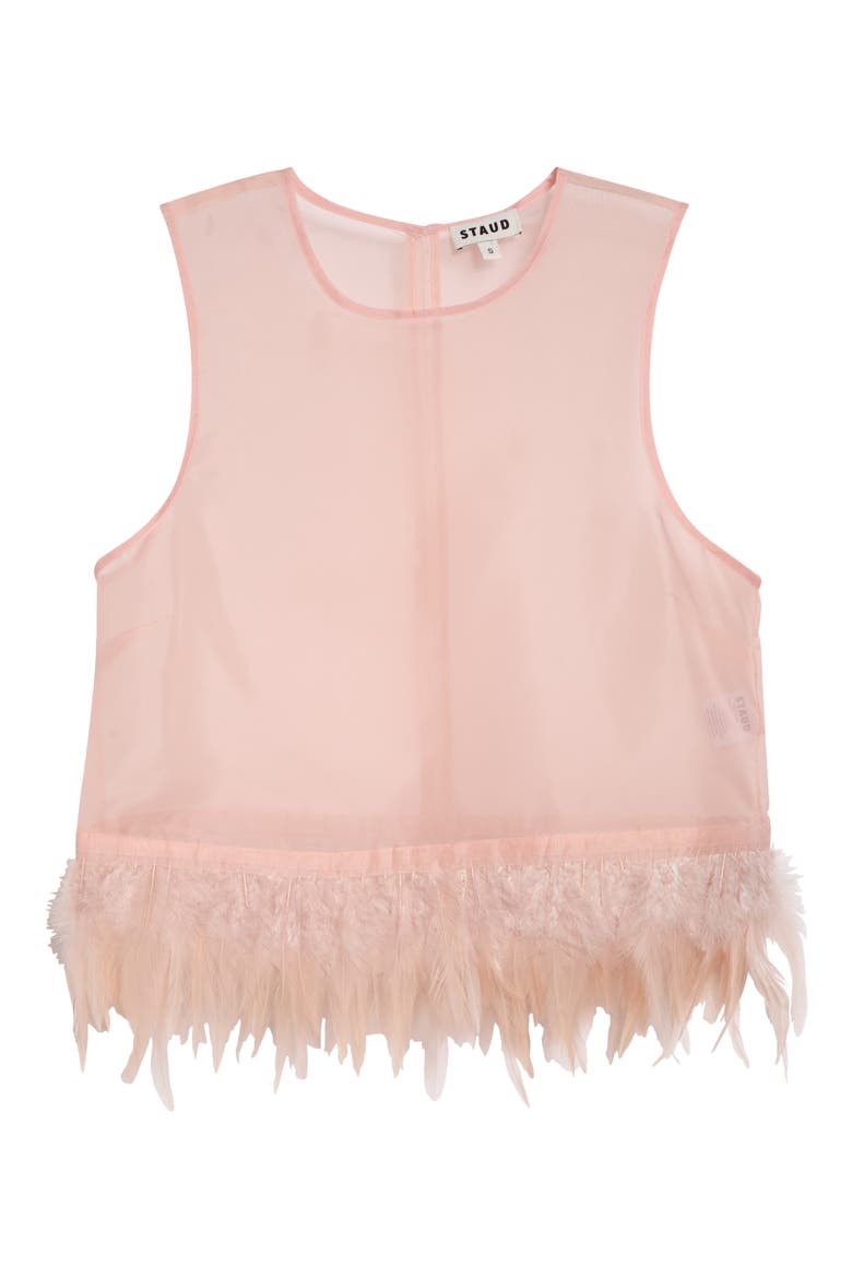 Avi Sleeveless Feather Trim Silk Top, Main, color, SANDROSE