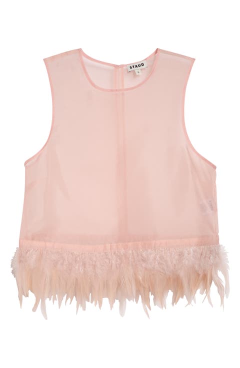 Avi Sleeveless Feather Trim Silk Top