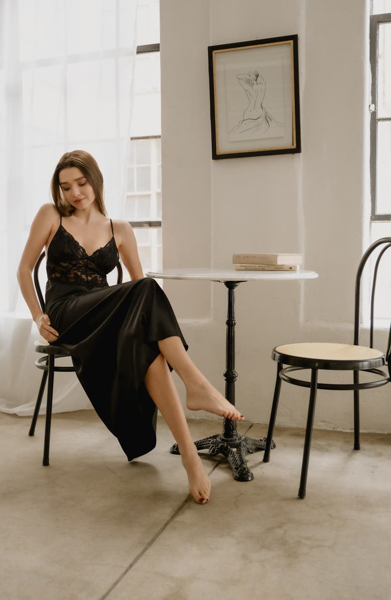 In Bloom by Jonquil Rosalie Satin & Lace Nightgown, Alternate, color, Black