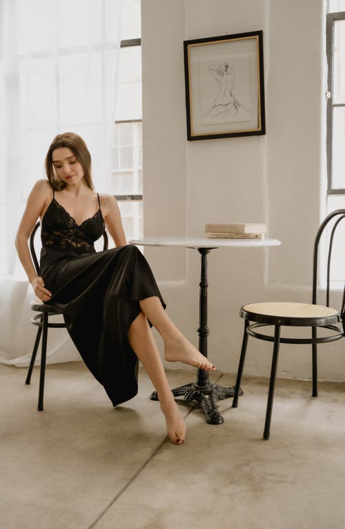 In Bloom By Jonquil Rosalie Satin & Lace Nightgown In Black