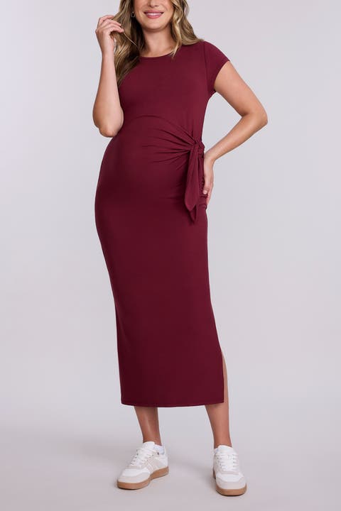 Crew Neck Short Sleeve Side Tie Maternity Midi Dress