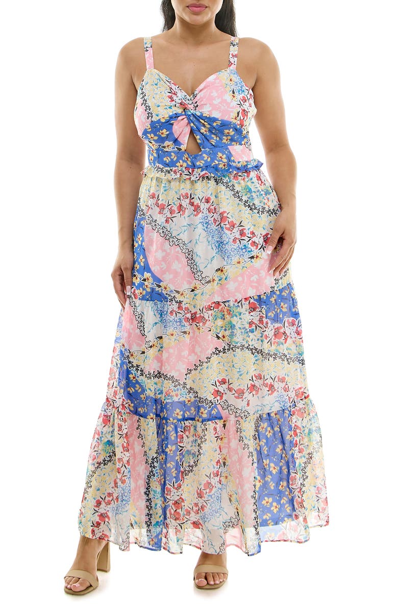 Nina Leonard Twist Front Maxi Dress, Main, color, White Multi