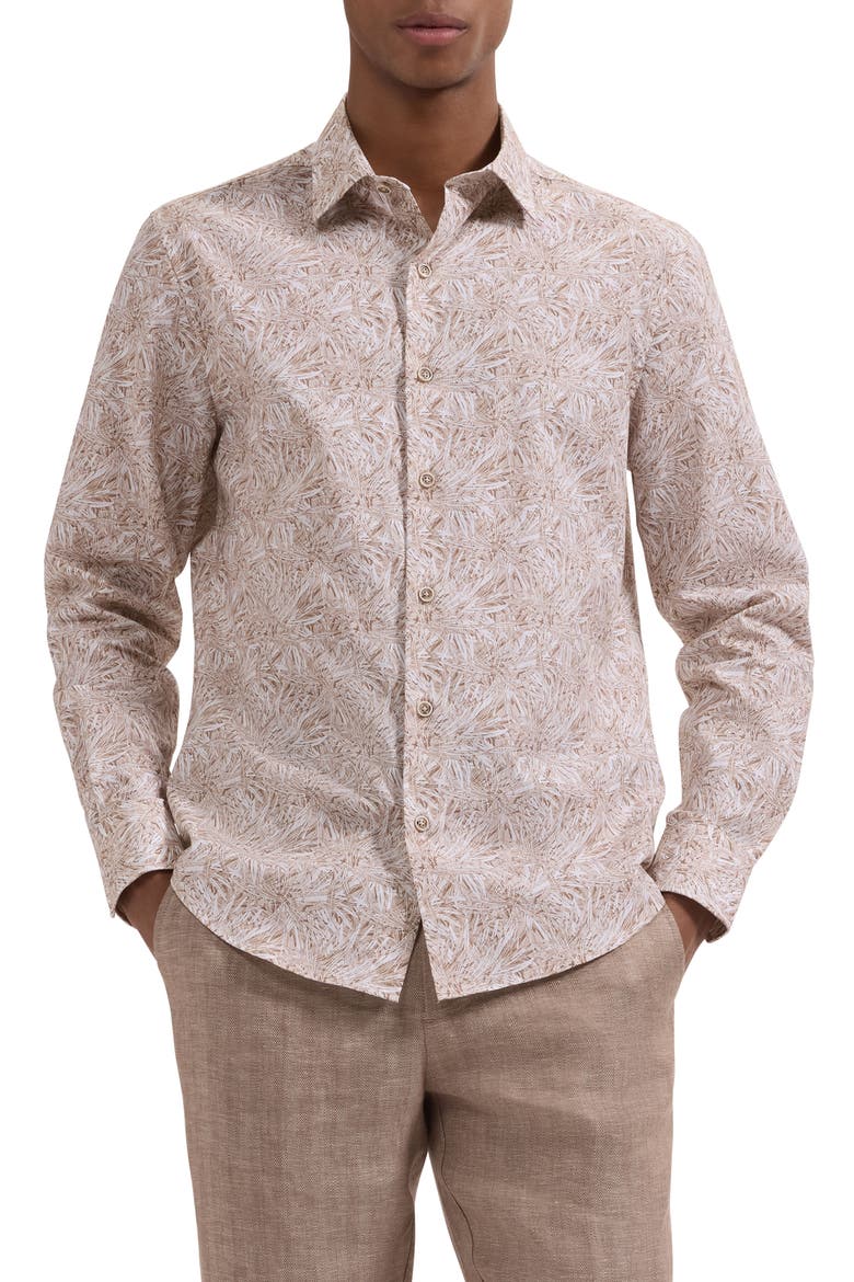 Julian Shaped Fit Abstract Leaf Print Cotton Button-Up Shirt, Main, color, TAUPE