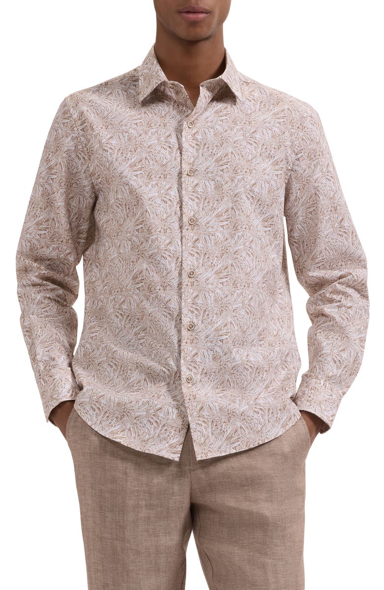 Bugatchi Julian Shaped Fit Abstract Leaf Print Cotton Button-Up Shirt, Main, color, Taupe