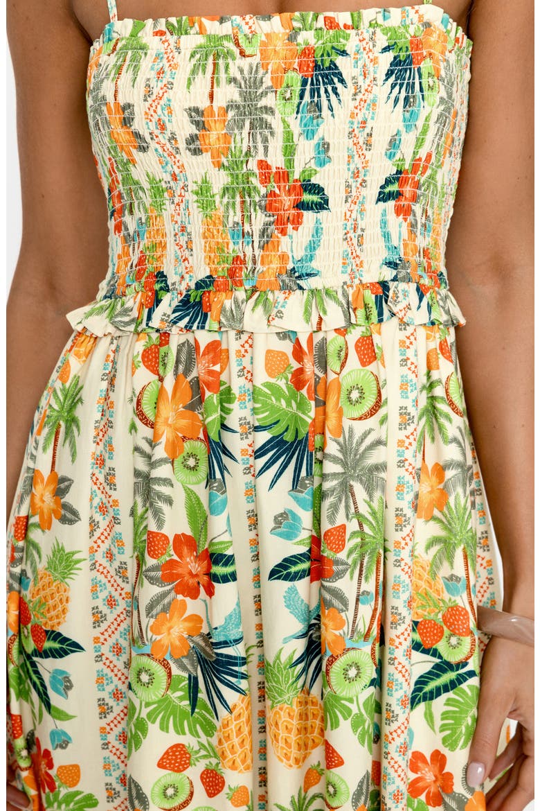Tropical Print Smocked Midi Dress, Alternate, color, ORANGE