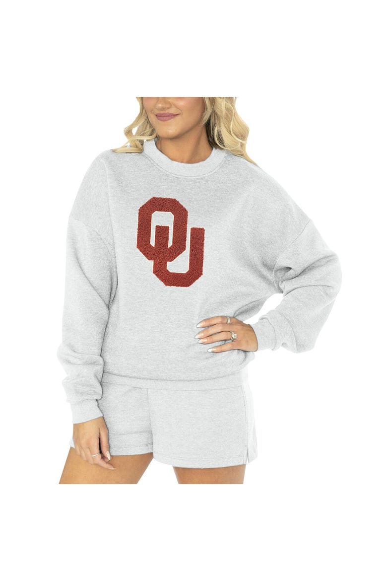Women's Gameday Couture Ash Oklahoma Sooners Team Effort Pullover Sweatshirt & Shorts Sleep Set, Main, color, Ash