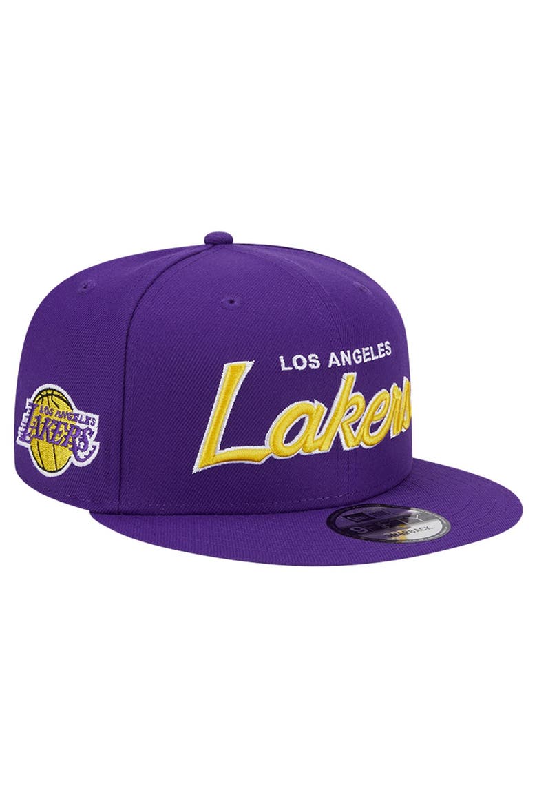 Men's New Era Purple Los Angeles Lakers Evergreen Script Side Patch 9FIFTY Snapback Hat, Main, color, Purple