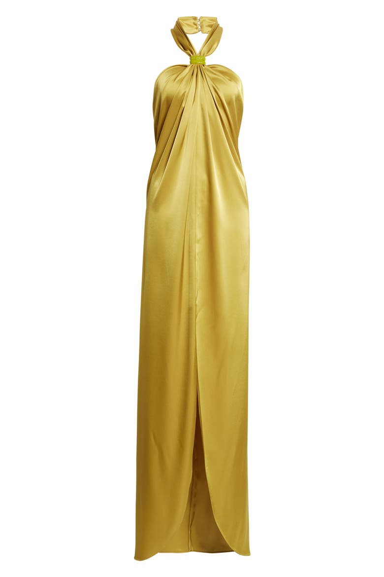 Liquid Satin Halter Neck Column Gown, Alternate, color, CITRINE
