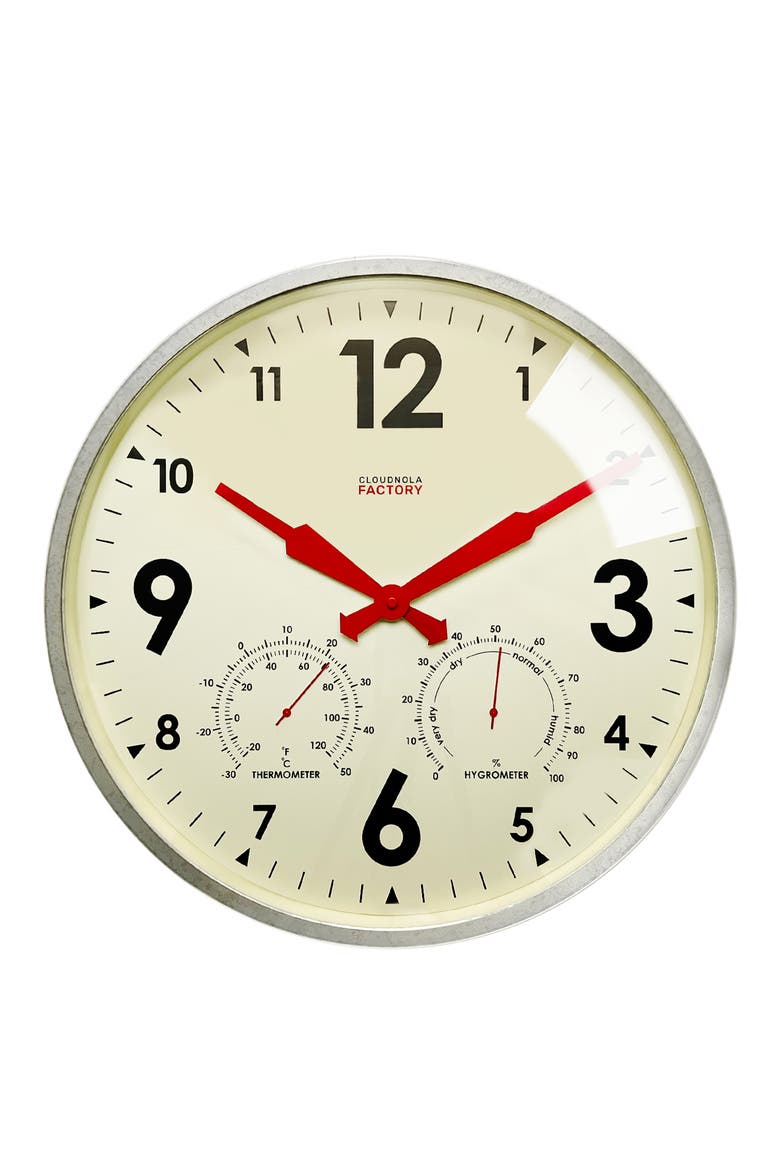 Factory Outdoor Wall Clock & Weather Station (Nordstrom Exclusive), Main, color, GREY