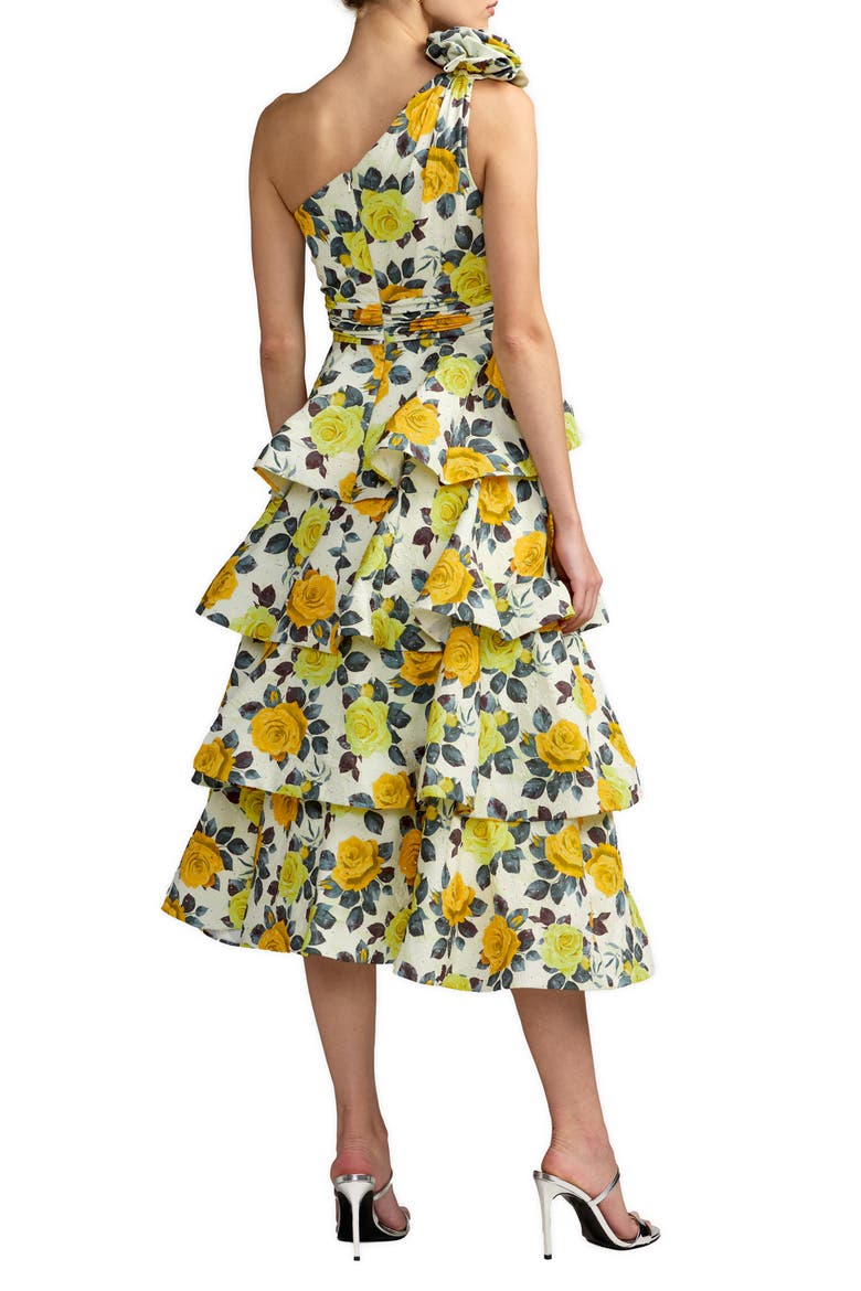 Floral One Shoulder Charmeuse Tiered Midi Dress, Alternate, color, Yellow rose