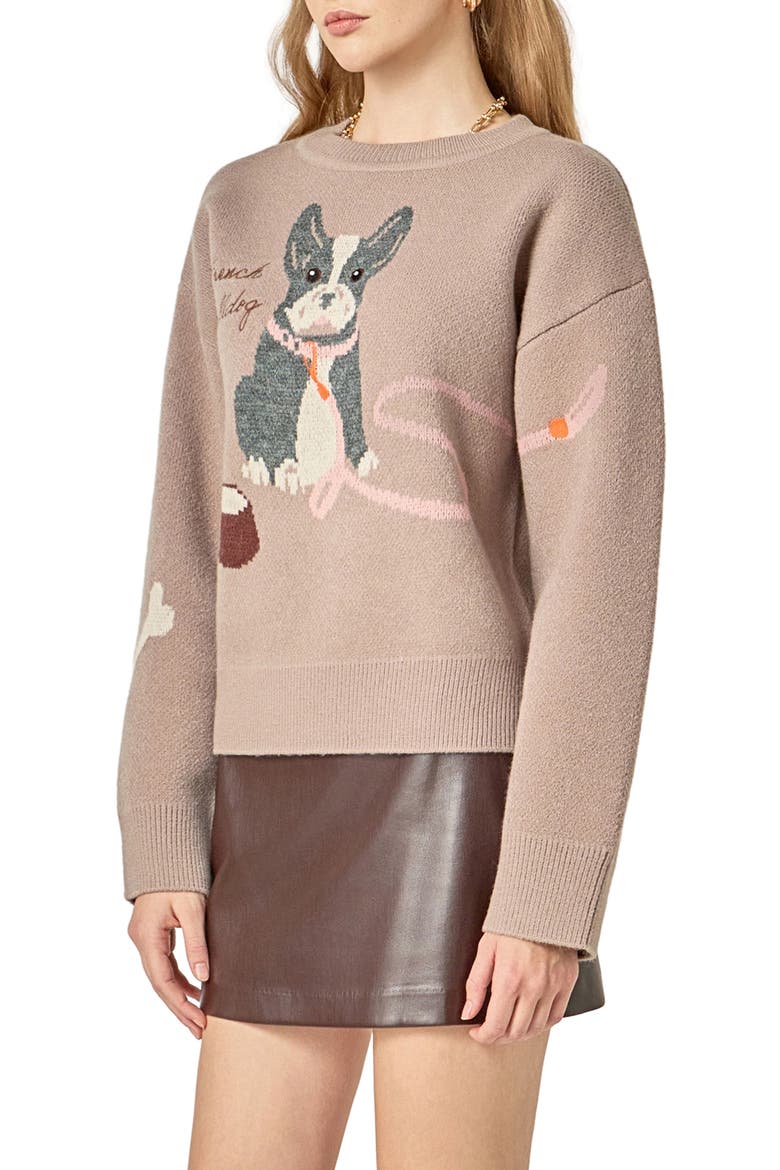 Embroidered French Bulldog Intarsia Sweater, Alternate, color, TAUPE MULTI