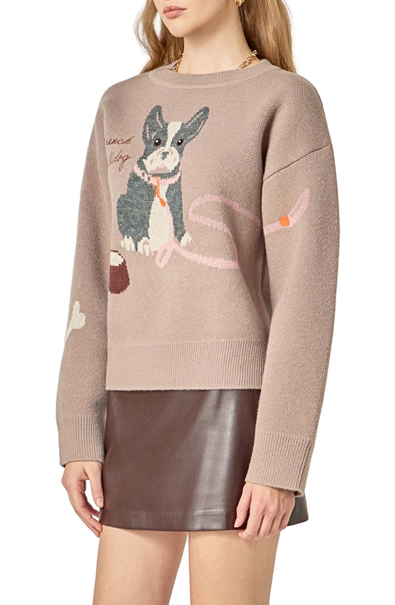 English Factory Embroidered French Bulldog Intarsia Sweater, Alternate, color, Taupe Multi