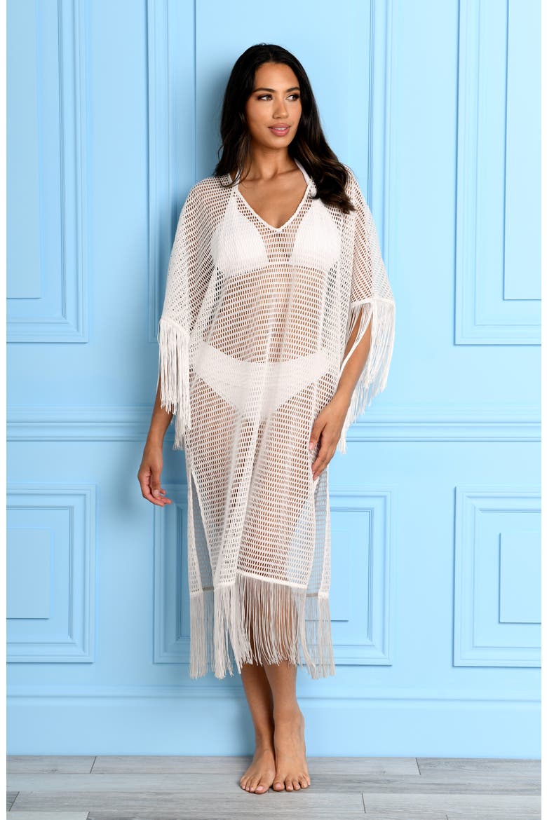 Fringe Open Stitch Caftan, Alternate, color, WHITE