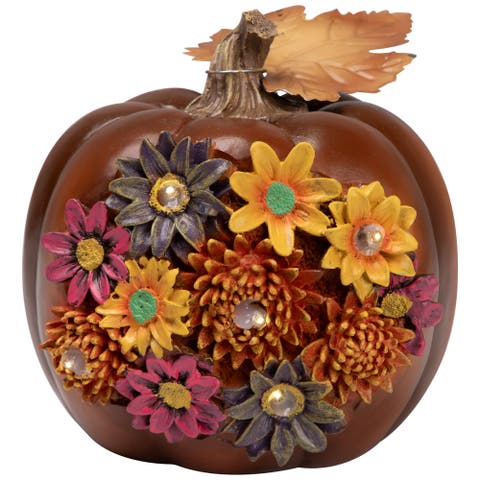 Solar Powered Floral Pumpkin Outdoor Fall Harvest Decoration - 7.25"
