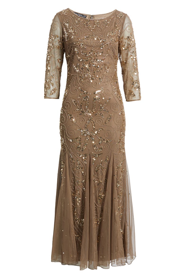 Illusion Sleeve Beaded A-Line Gown, Alternate, color, JBS MOCHA