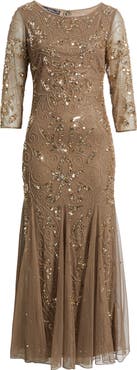 Pisarro Nights Illusion Sleeve Beaded A-Line Gown