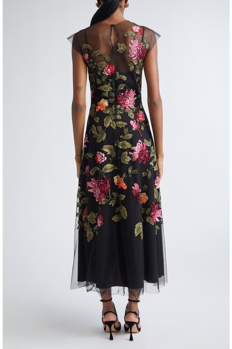 Chrysanthemum Embroidered Tulle Overlay Midi Dress, Alternate, color, BLACK MULTI