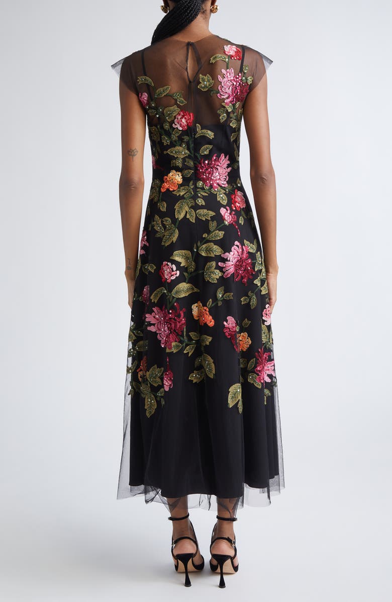 Carolina Herrera Chrysanthemum Embroidered Tulle Overlay Midi Dress, Alternate, color, Black Multi