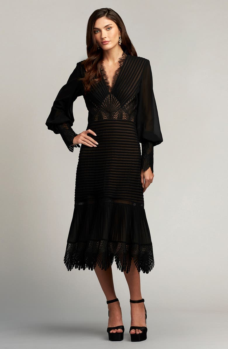 Tadashi Shoji Ribbed Lace Trim Long Sleeve Midi Cocktail Dress | Nordstrom