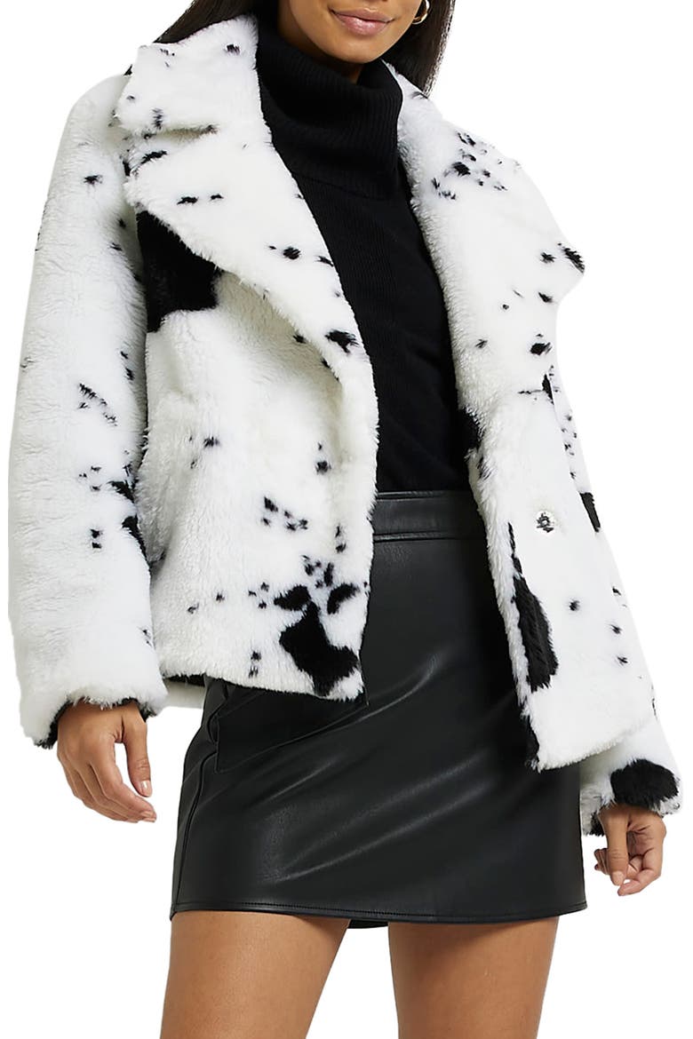 Cow Print Faux Fur Aviator Jacket, Main, color, CREAM