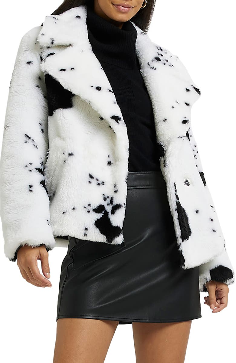River Island Cow Print Faux Fur Aviator Jacket, Main, color,