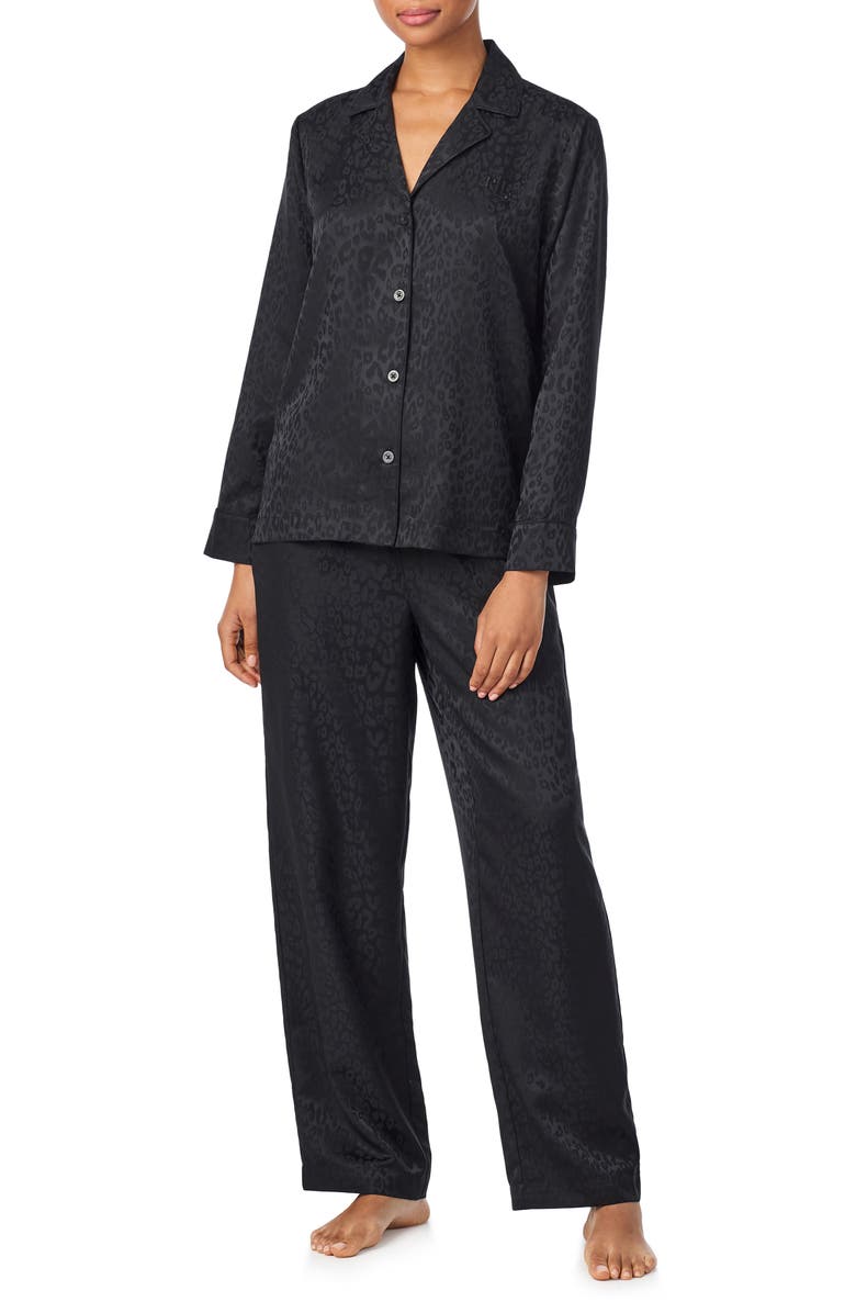 Lauren Ralph Lauren Leopard Pattern Jacquard Pajamas, Main, color, Black Print