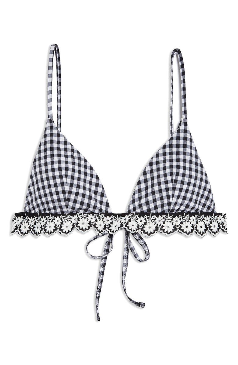 Topshop Gingham Embroidered Triangle Bikini Top, Alternate, color,
