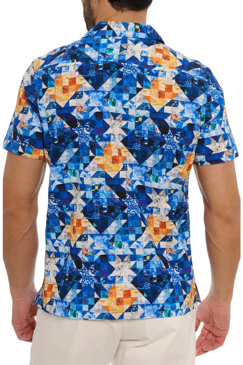 Sashiko Geometric Print Stretch Cotton Camp Shirt, Alternate, color, BLUE MULTI
