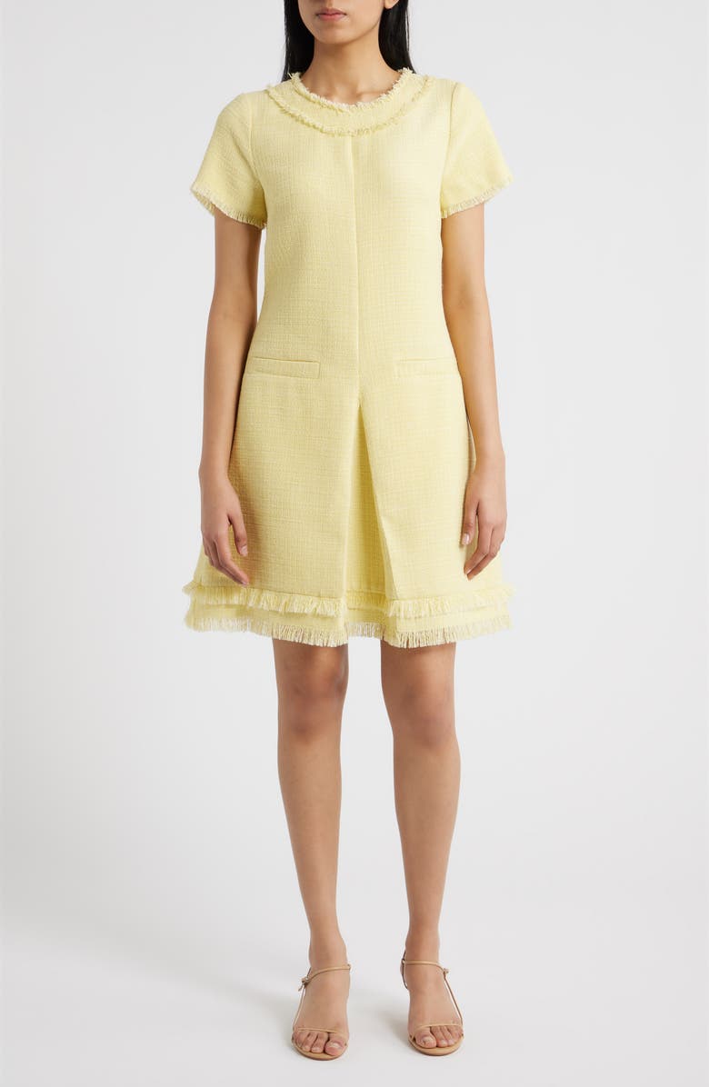Eliza J Fringe Detail Tweed A-Line Dress, Main, color, Butter