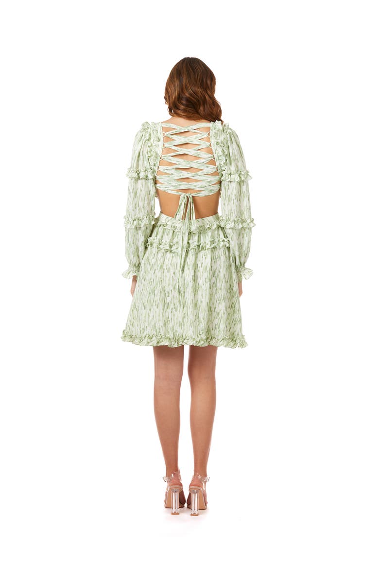 V-Neck Long Sleeve Print Cocktail Short with Cutout and Lace Up Back, Alternate, color, GreenPrint