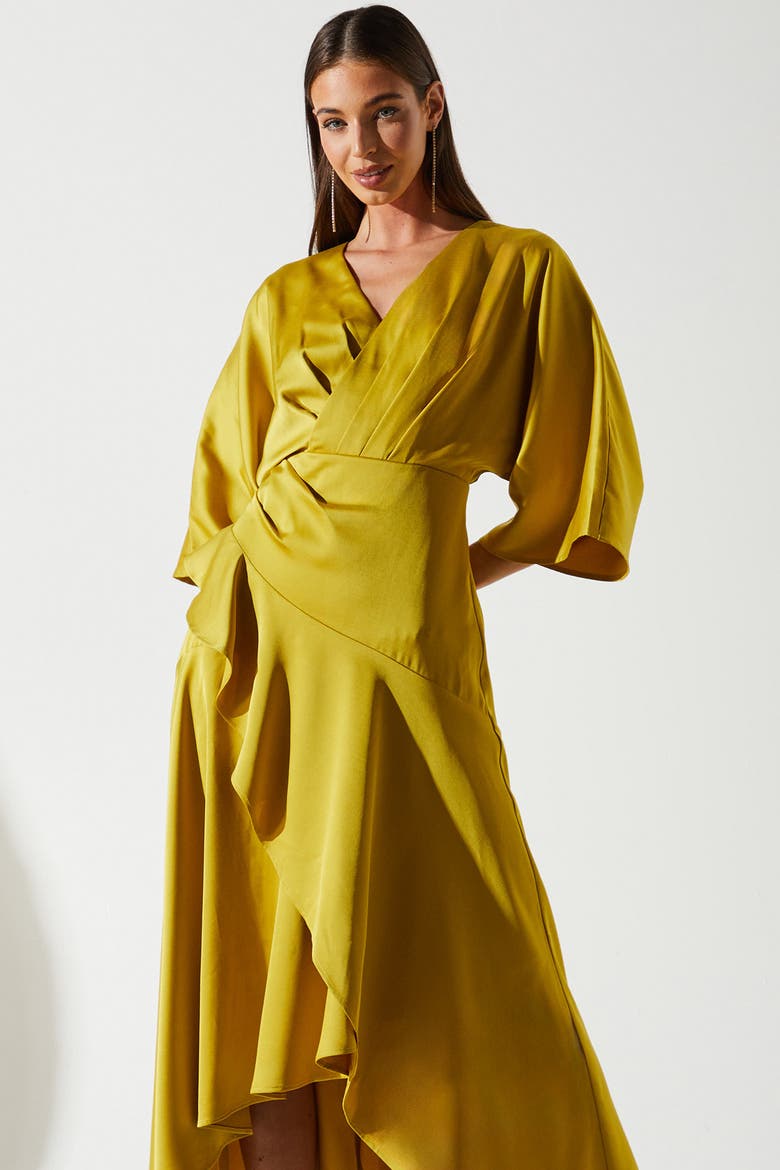 Satin Crepe Ruffle Wrap Midi Dress, Alternate, color, Olive