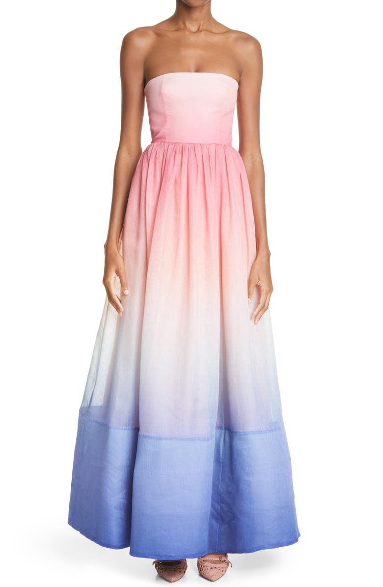 Zimmermann Postcard Strapless Silk & Linen Organza Gown, Main, color, 
