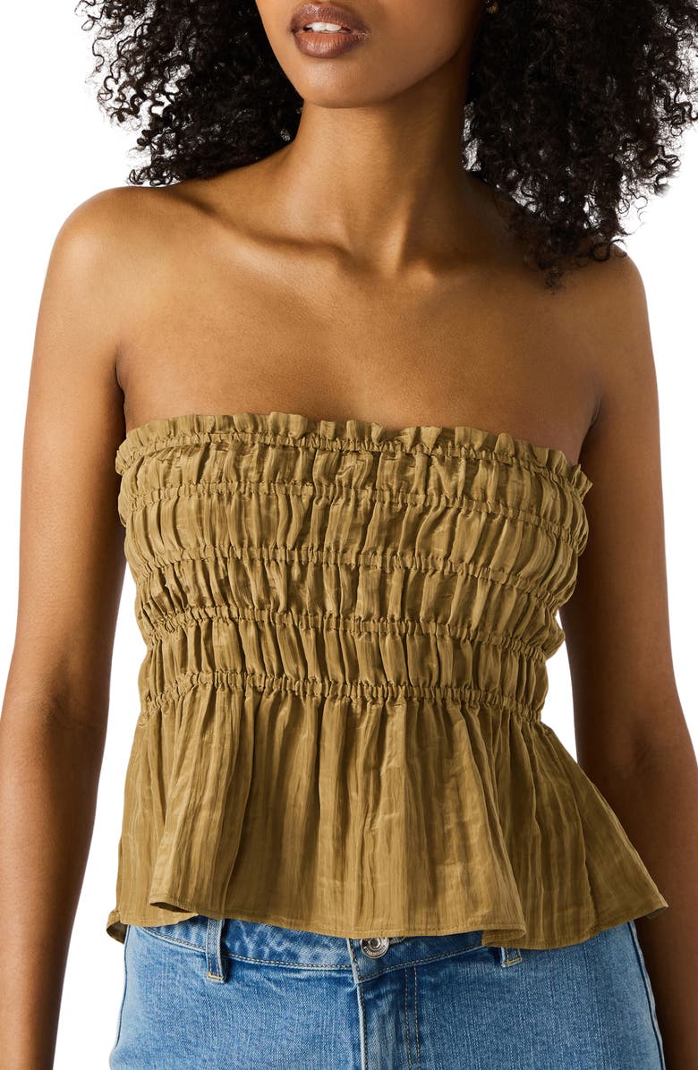 Steve Madden Cambria Strapless Smocked Peplum Top, Alternate, color, Deep Olive