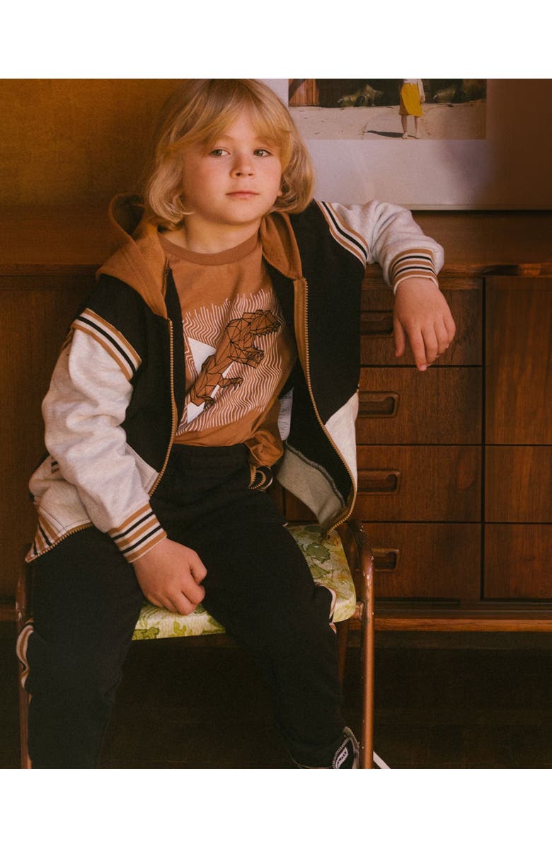 Deux par Deux Little Boy's Full Zip Hooded Fleece Black And Beige, Alternate, color, 