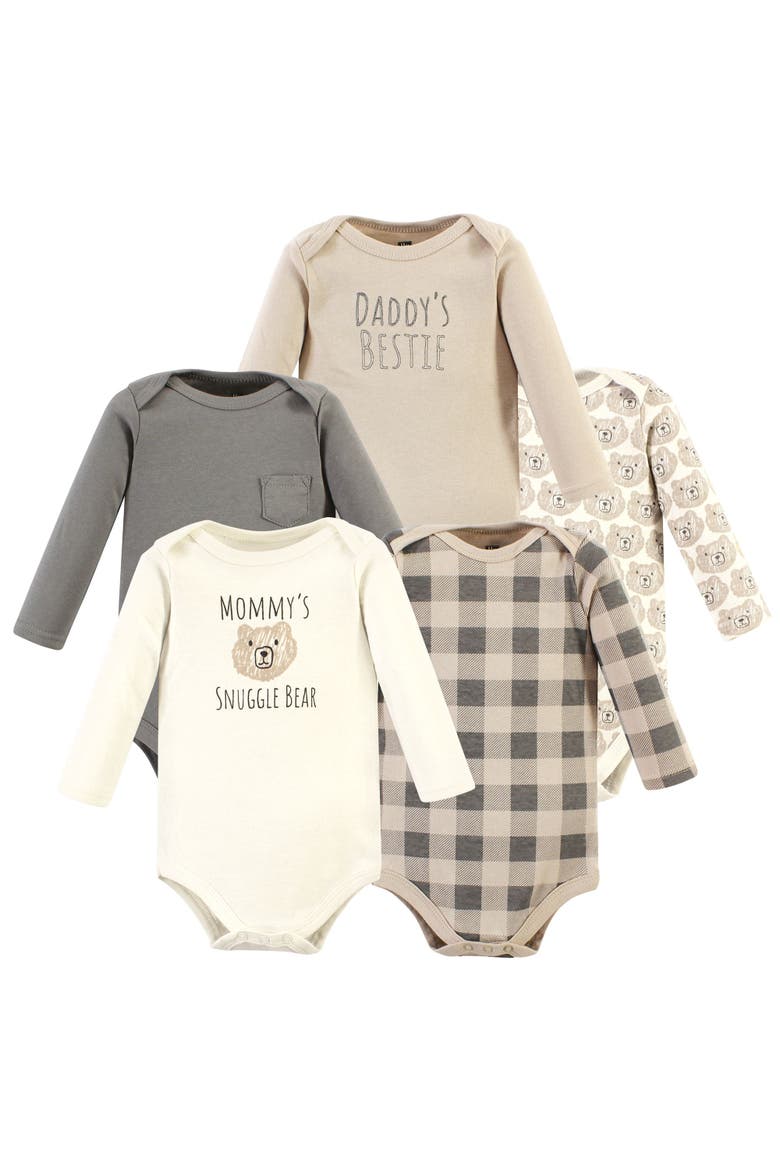 Cotton Long-Sleeve Bodysuits 5-Pack, Main, color, Snuggle Bear 5 Pack