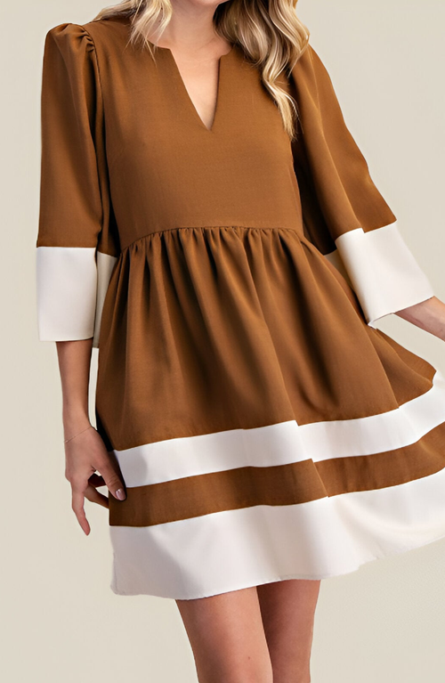 Modenaire Fit-and-flare Mini V-neck Cuffed-sleeve Contrast-trim Dress In Brown