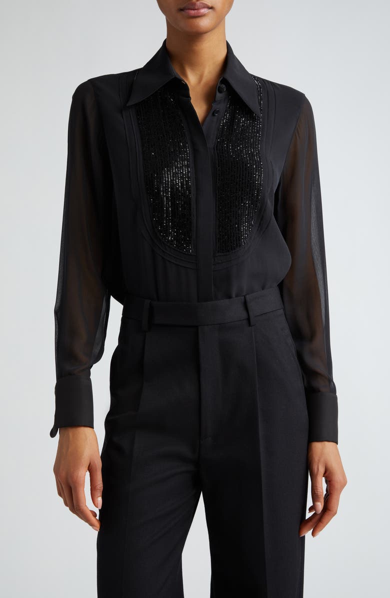 Lafayette 148 New York Hand Beaded Pintuck Silk Georgette Shirt, Main, color, 